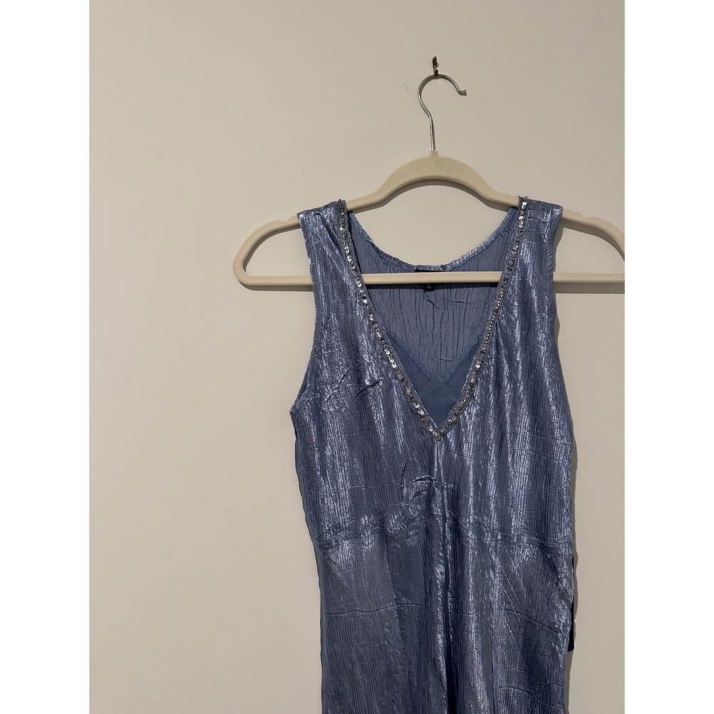 Komarov Blue Crinkle Pleated Sequin V-Neck Handkerchief Hem Midi Dress NWT L - Picture 2 of 7